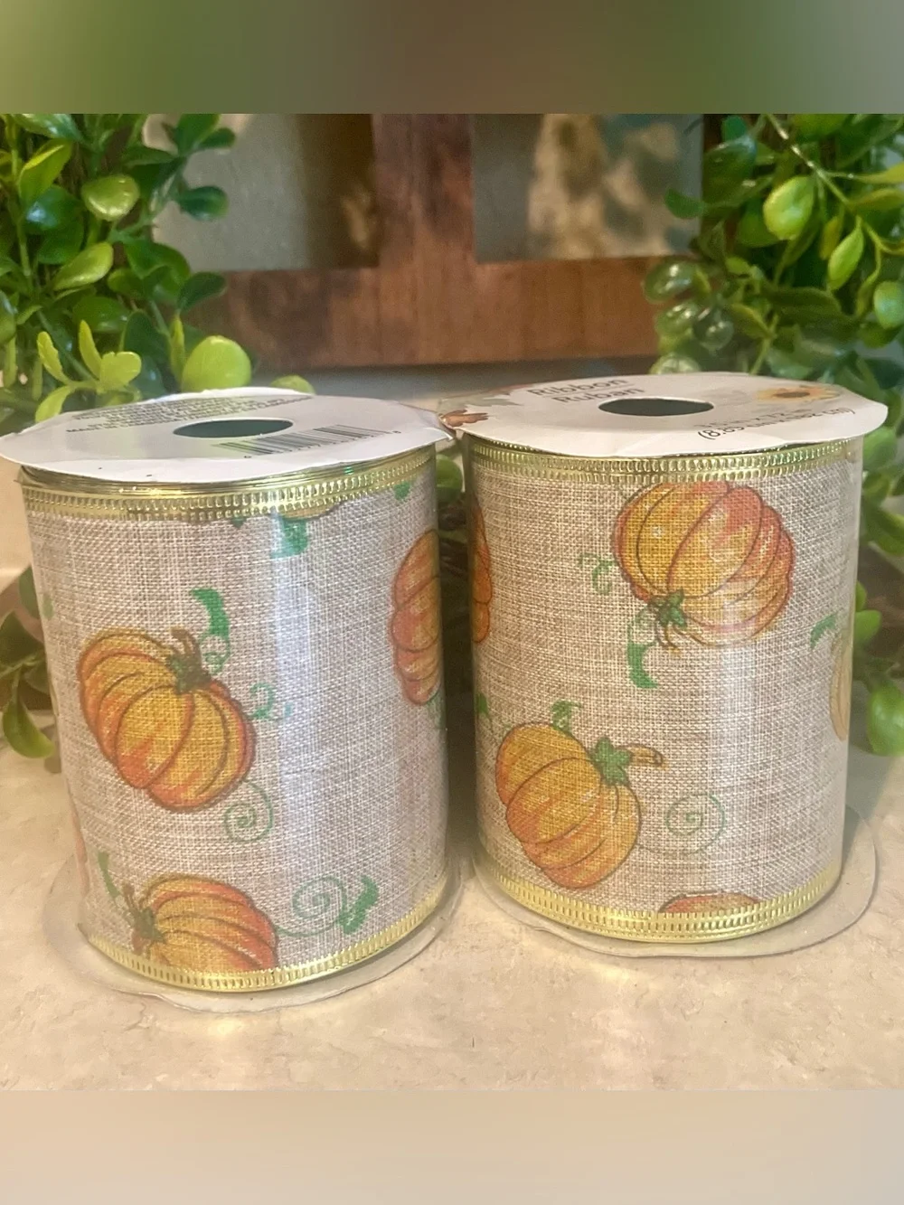 2 Pumpkin Printed Burlap Ribbon - Neutral with Orange Pumpkins - Fall Craft